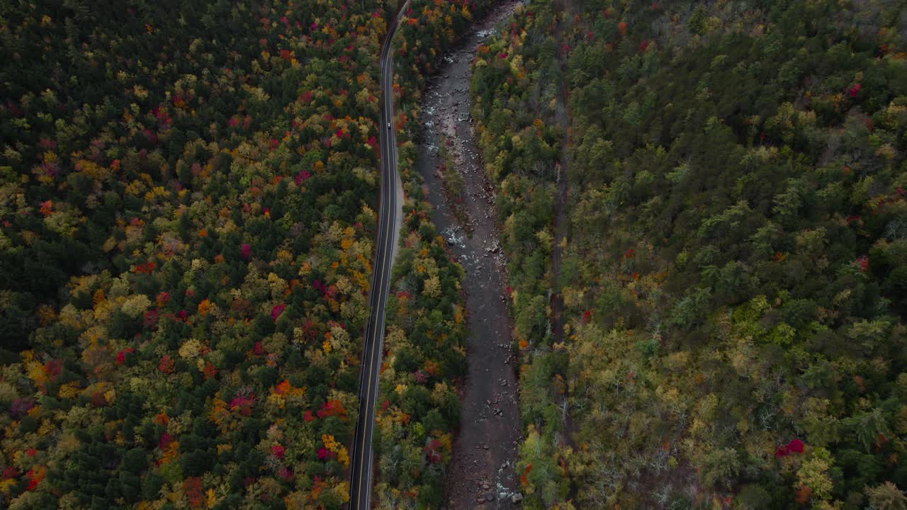 Luftbillede, der afslører den nationale naturskønne rute, Kancamagus Highway om efteråret