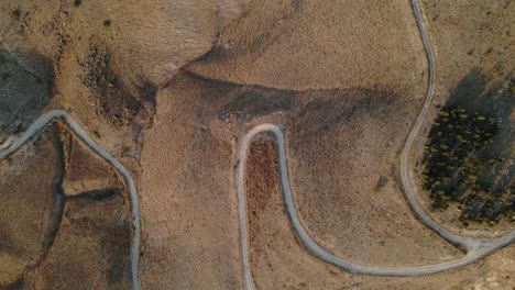 winding road in golan heights during summer, aerial topdown