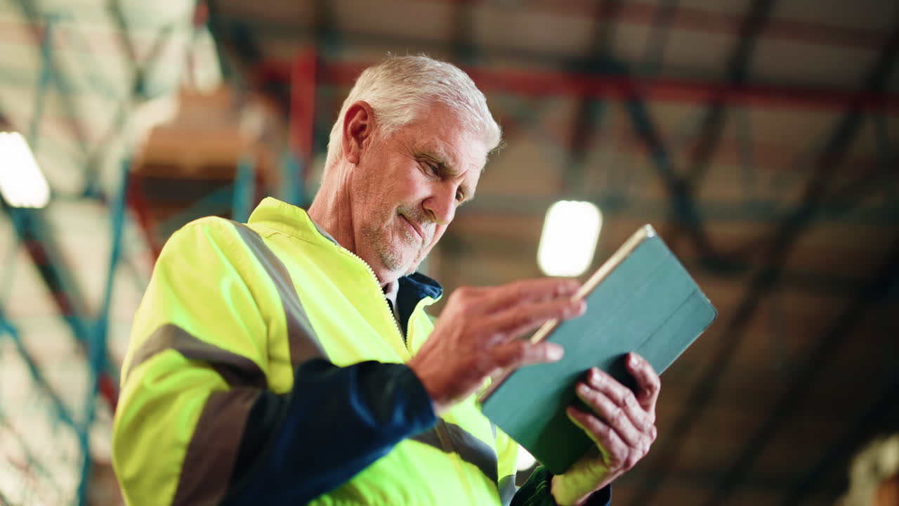 Senior Man in Safety Vest Using Tablet in Warehouse