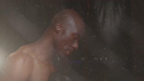 animación de un hombre de raza mixta boxeando con una luz brillante en primer plano