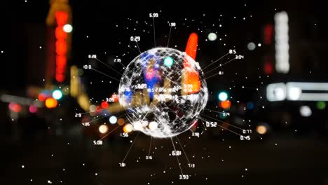 spinning globe surrounded by data connections with cityscape in the background