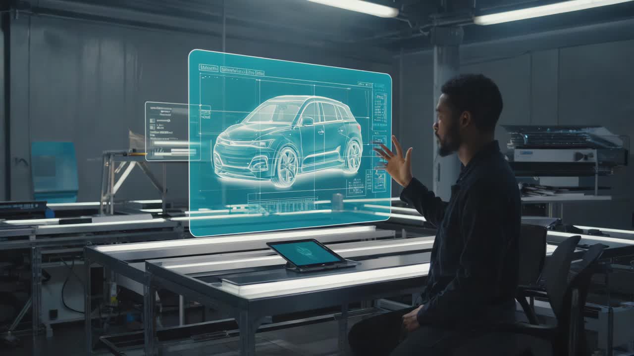 Automotive Engineer Interacting with Holographic Car Design