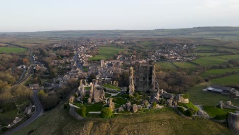 Corfe-Castle-at-twilight,-County-Dorset-in-United-Kingdom