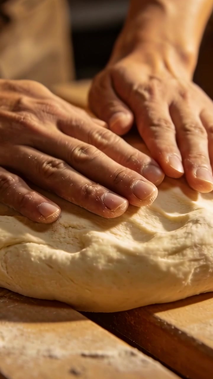 Vertical video: Pressing hands from dough mound, shaping to bake on kitchen board with floury apron