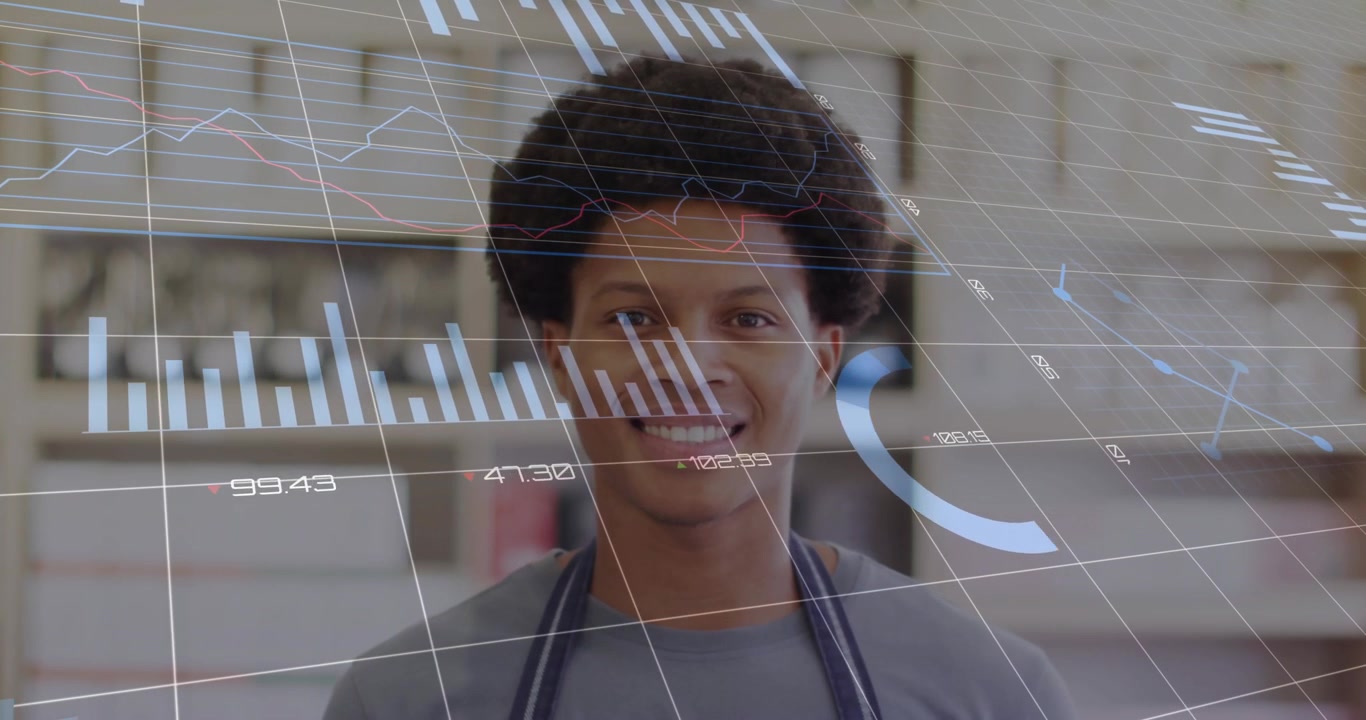 Barista behind coffee bar watching 3D grid appearing then data charts intensifying around smiling