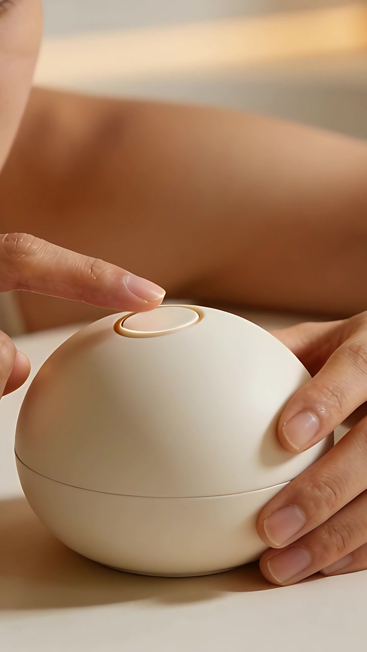 Vidéo verticale : Femme en débardeur, approchant puis appuyant avec l'index, testant un appareil beige à la maison