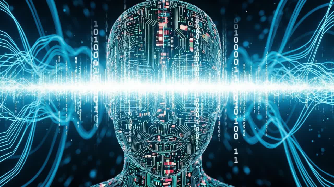 An Immersive Visual Representation of a Futuristic Digital Human Form Surrounded by Pulsating Waves of Data and Electronic Signals