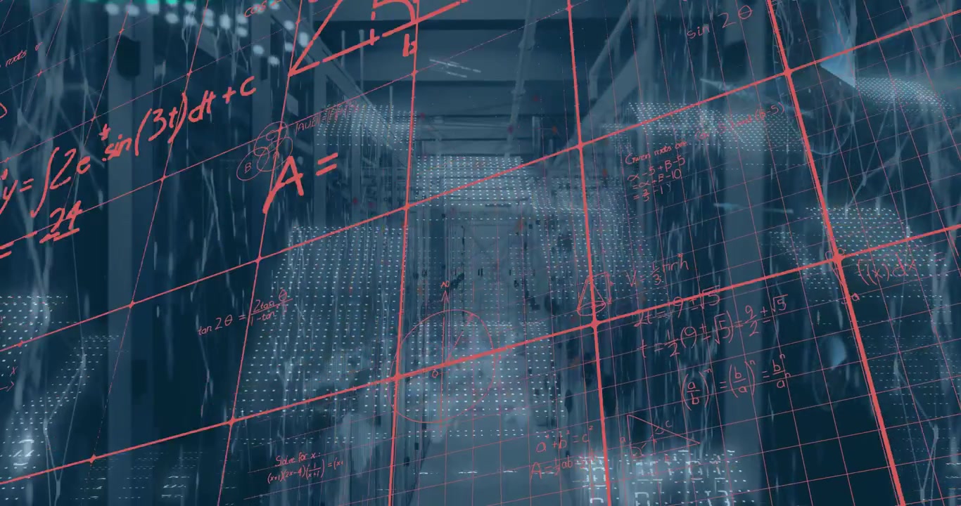 Animation of mathematical equations and data processing against computer server room