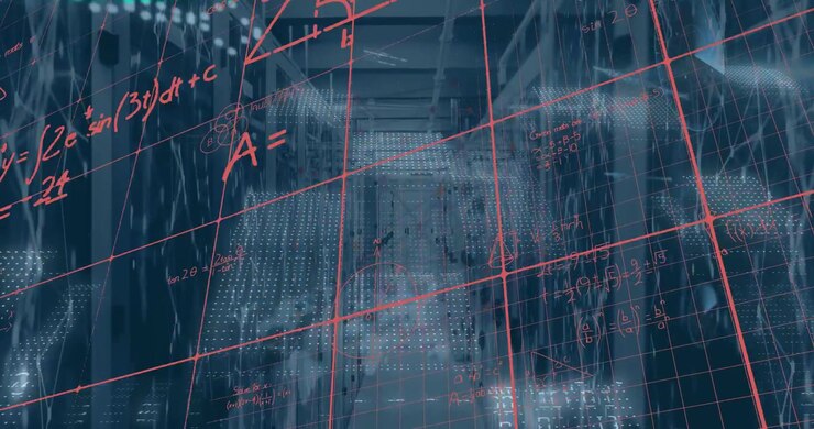 Animation of mathematical equations and data processing against computer server room