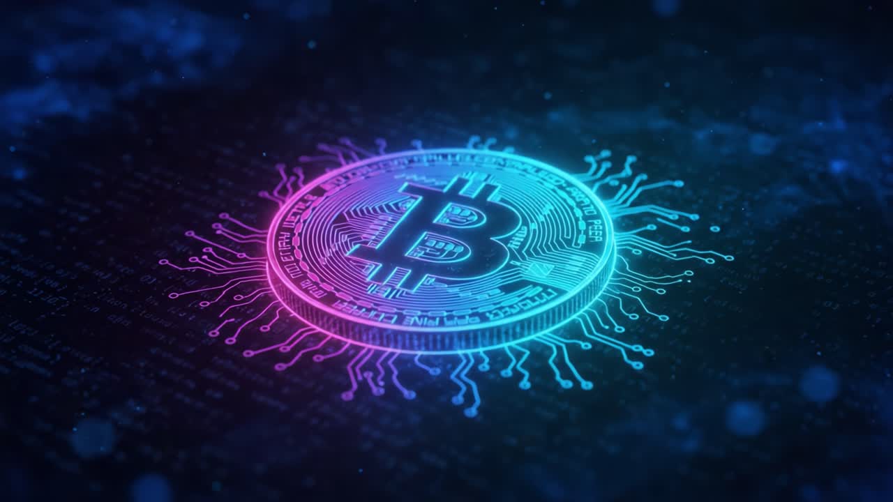 Illuminated Bitcoin Symbol Surrounded by Digital Circuitry in a Futuristic Aesthetic, Showcasing the Integration of Cryptocurrency and Technology in Modern Finance.