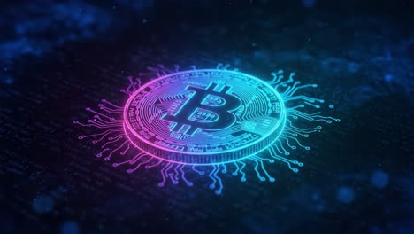 illuminated bitcoin symbol surrounded by digital circuitry in a futuristic aesthetic, showcasing the integration of cryptocurrency and technology in modern finance.
