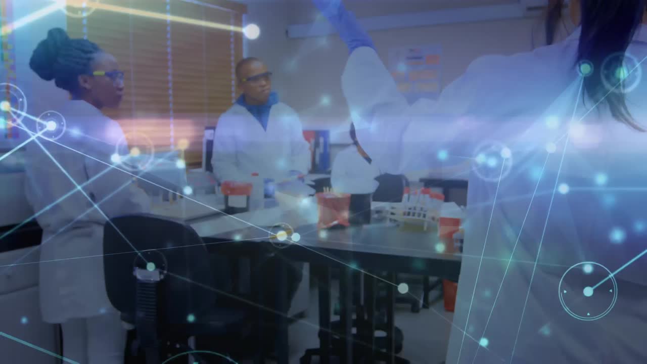 Animation of connected dots over diverse scientist discussing reports in laboratory