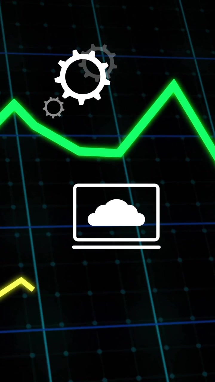 Green line graph and business icons animation over grid background