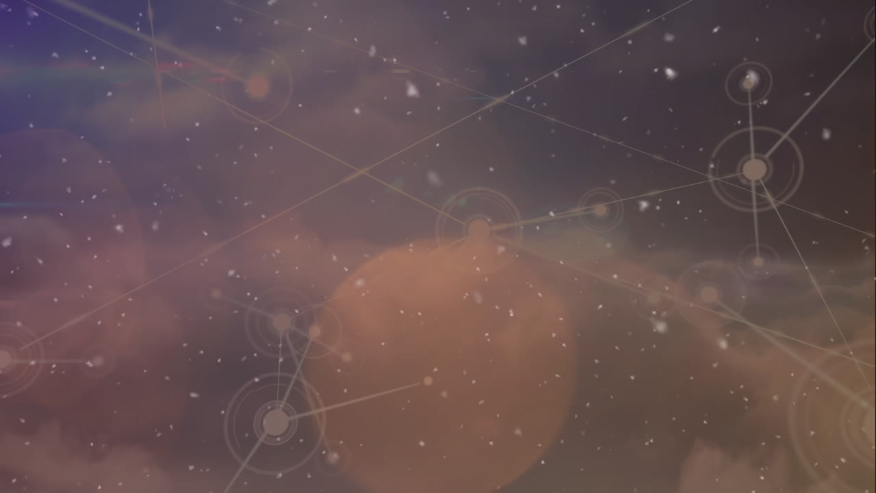 Animation of network of connections and light spots over sky with clouds
