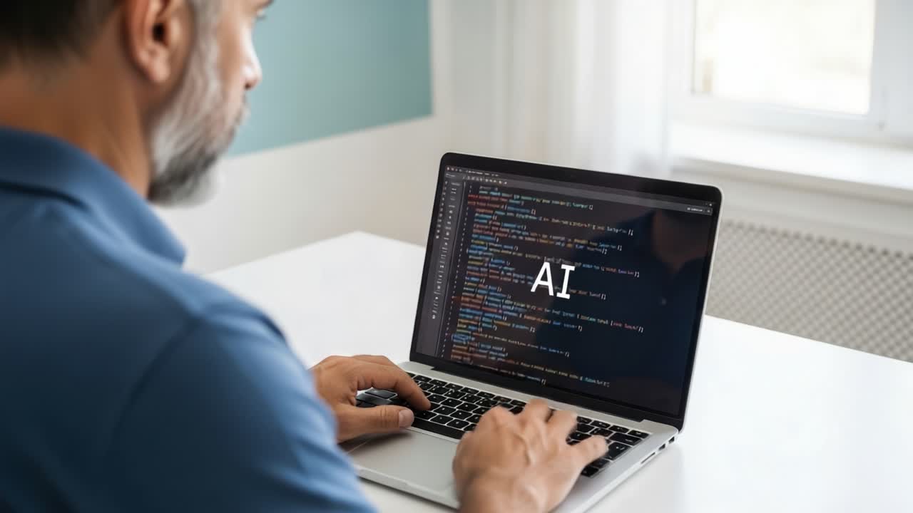 Engaged in Programming: A Focused Individual Working on AI Software Development with Code Displayed on Laptop Screen in a Bright Room
