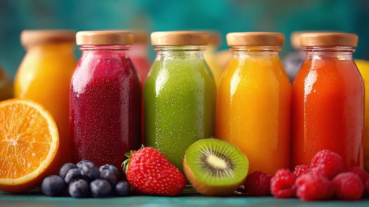 A Vibrant Display of Fresh Fruit Juices in Glass Bottles: Explore the Colors and Flavors of Nature's Bounty with this Refreshing Array of Healthful Beverages