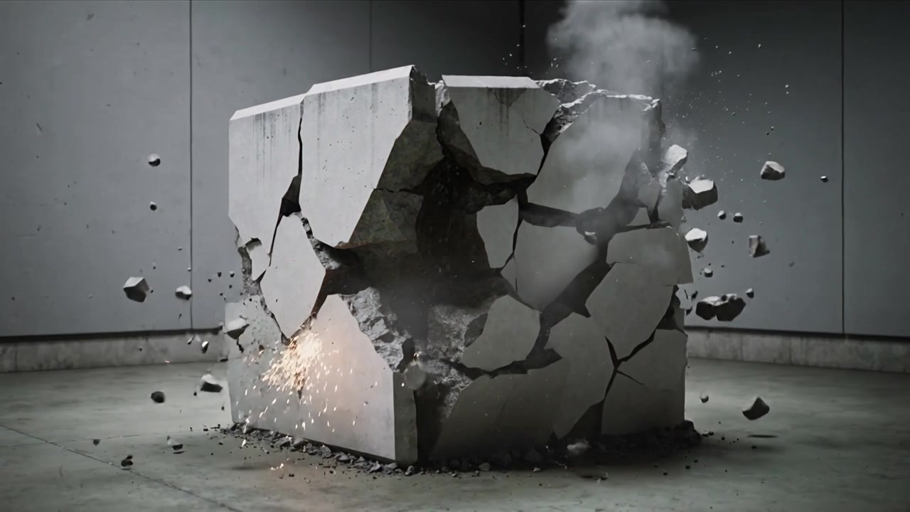 爆発するコンクリートの立方体が内部で閃光を放ち、床に瓦礫となって砕け散る。火花が散り、煙が立ち上る。