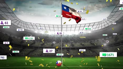 Animation-Von-Social-Media-Symbolen-Und-Konfetti,-Die-über-Die-Wehende-Texas-Flagge-Gegen-Das-Sportstadion-Fallen