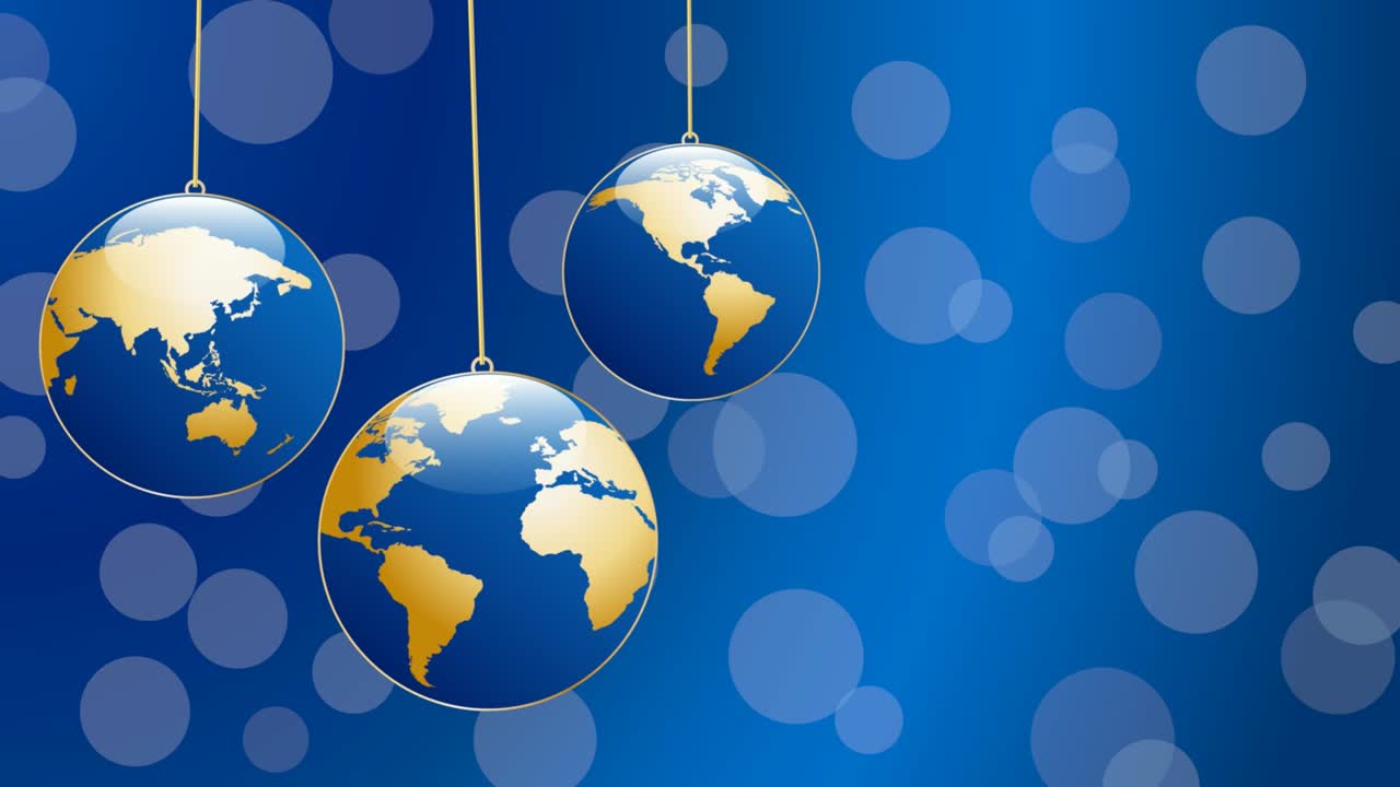 지구 행성 모양의 공을 가진 크리스마스 트리, 애니메이션 일러스트레이션