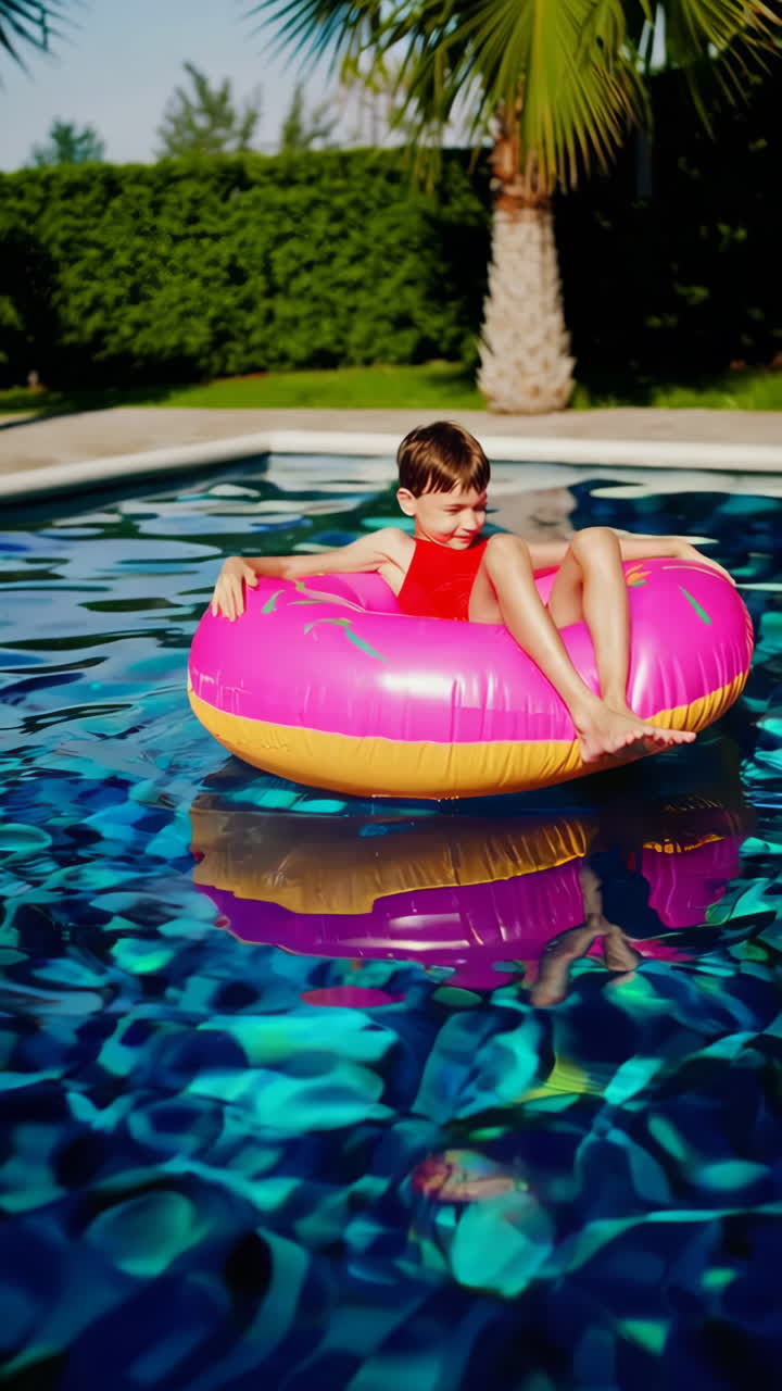 A young boy enjoys a sunny day in a swimming pool with a donut inflatable float