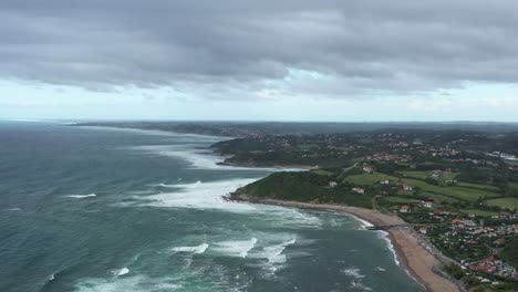 French-Basque-Country-aerial-shot-Atlantic-ocean-coastline-cloudy-day