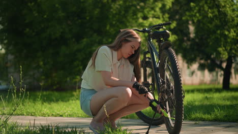 focused and slightly frustrated young woman in black gloves crouches beside her bicycle, inflating the back tire with intensity, surrounded by lush greenery on a sunlit park path