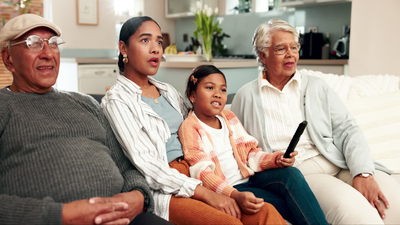 Family watching TV with surprised expressions