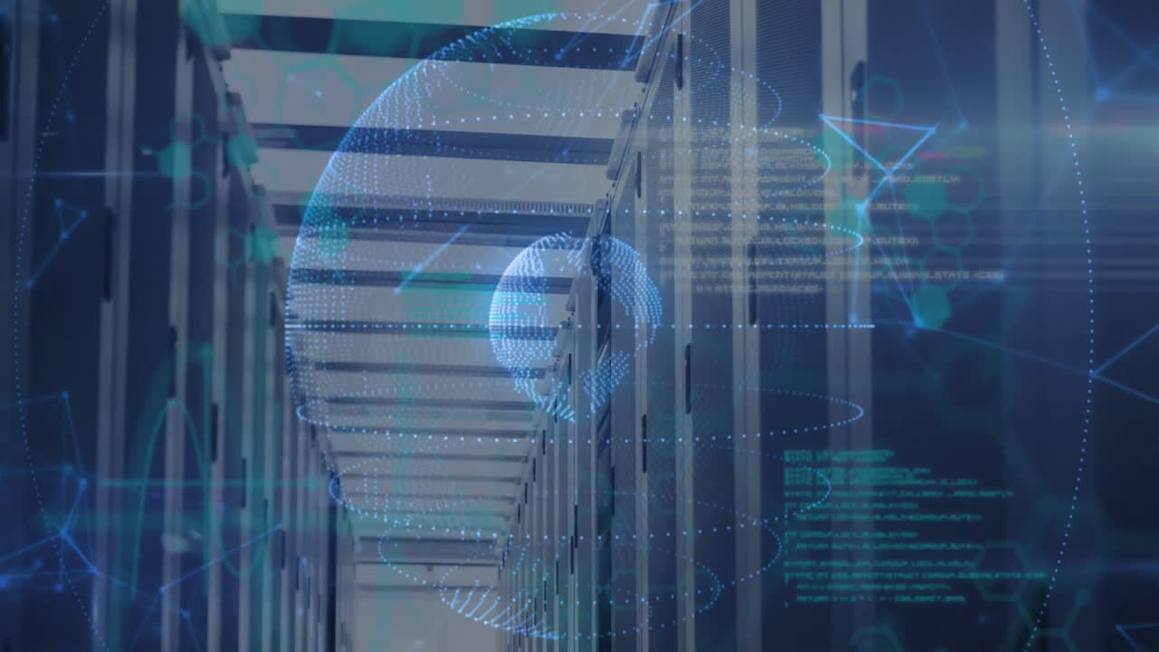 Animation of data processing and globe over server room