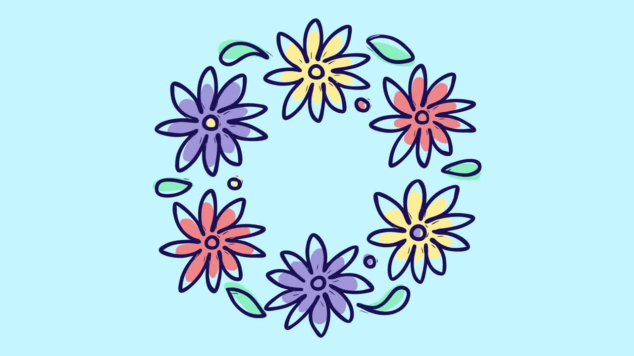 Stop motion animation with round floral wreath, growing nature on blue background, blooming botanical pattern, bridal bouquet pastel colors