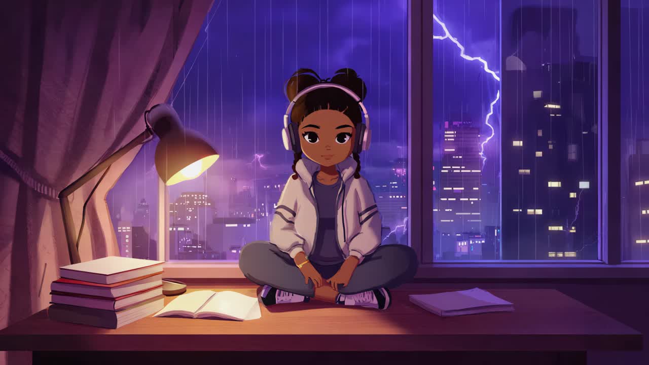 Girl listening to music during a thunderstorm
