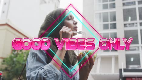 animación de texto buenas vibraciones sólo sobre la mujer comiendo