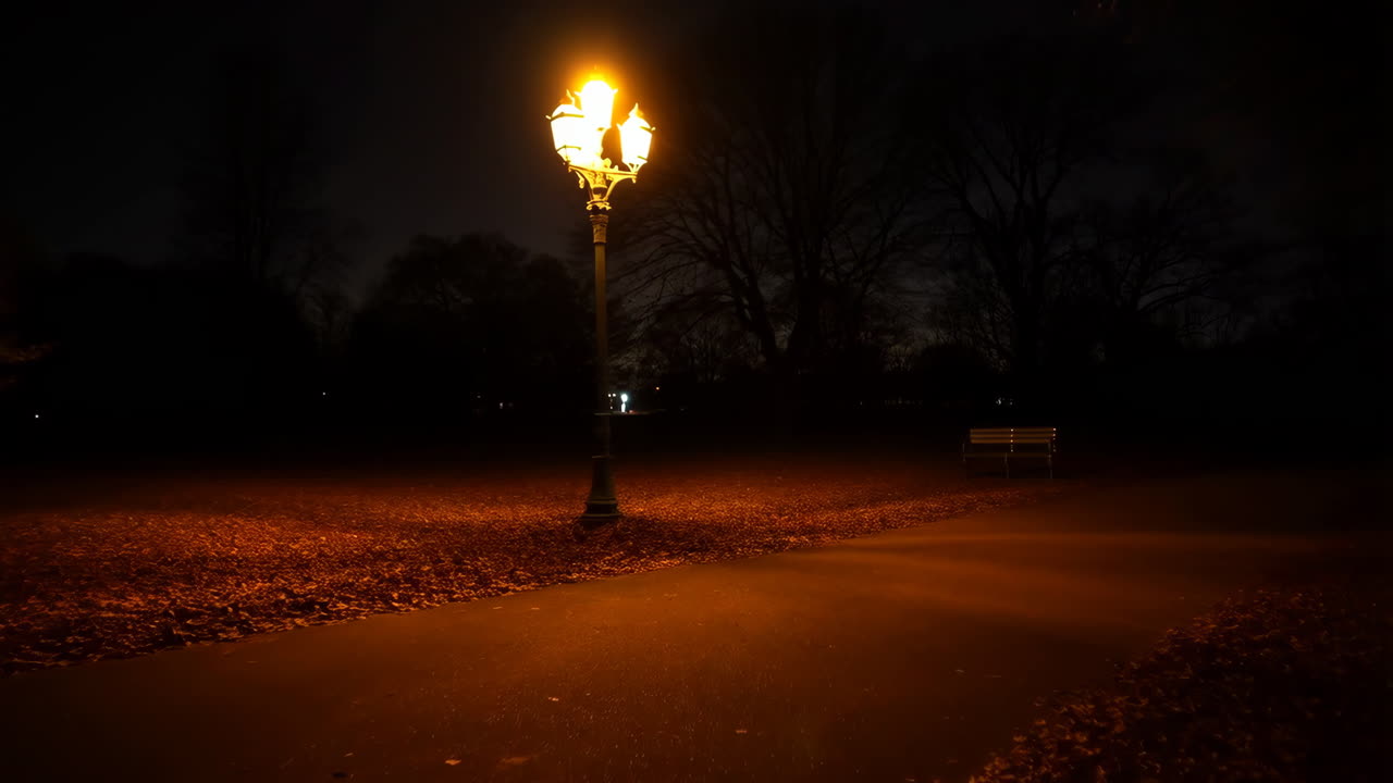 A solitary lamppost illuminates a park path at night