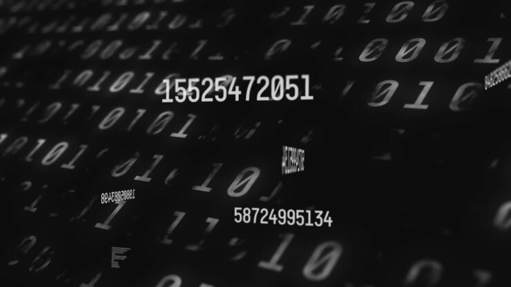 Multiple changing numbers against binary coding data processing on black background