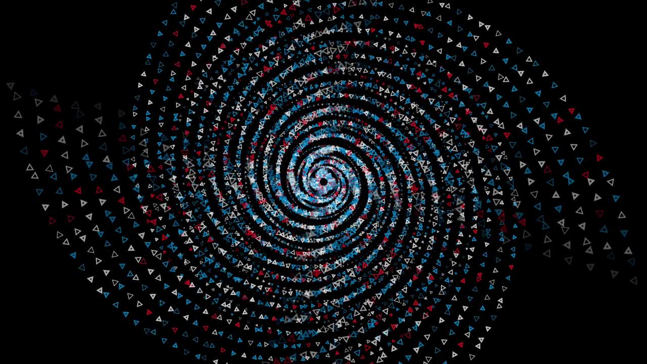 pequeños triángulos abstractos que se mueven en una trayectoria en espiral y vuelan hacia la cámara, increíble efecto 3d. animación. figuras geométricas giratorias en fondo negro