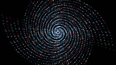 pequeños triángulos abstractos que se mueven en una trayectoria en espiral y vuelan hacia la cámara, increíble efecto 3d. animación. figuras geométricas giratorias en fondo negro