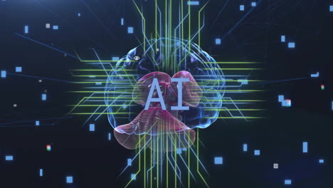 animation of ai text over digital brain spinning and data processing