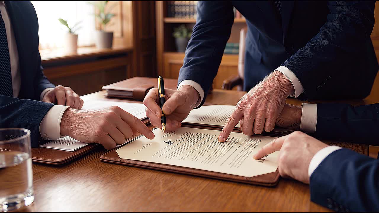 Primo piano di un contratto all'interno di una cartella mentre professionisti d'affari indicano e firmano un accordo su una scrivania in un ambiente d'ufficio.