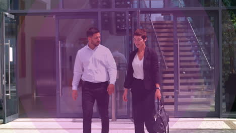 animación de un edificio de oficinas sobre personas de negocios hablando en una oficina moderna