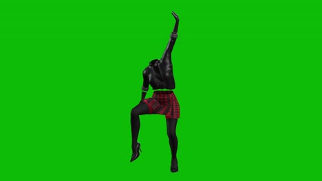 3D-invincible-woman-wearing-leather-jacket,-short-skirt-and-high-heels,-dancing-on-green-screen,-3D-animation