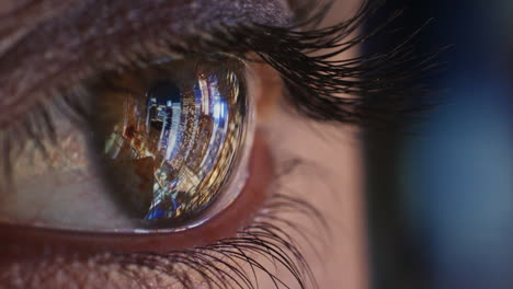 close up macro eye city lights reflecting on iris looking at urban skyline at night watching nightlife