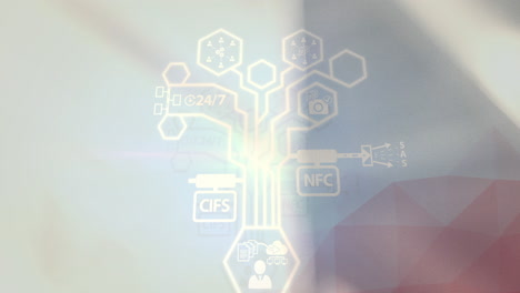 red de iconos digitales contra el almacén en el fondo