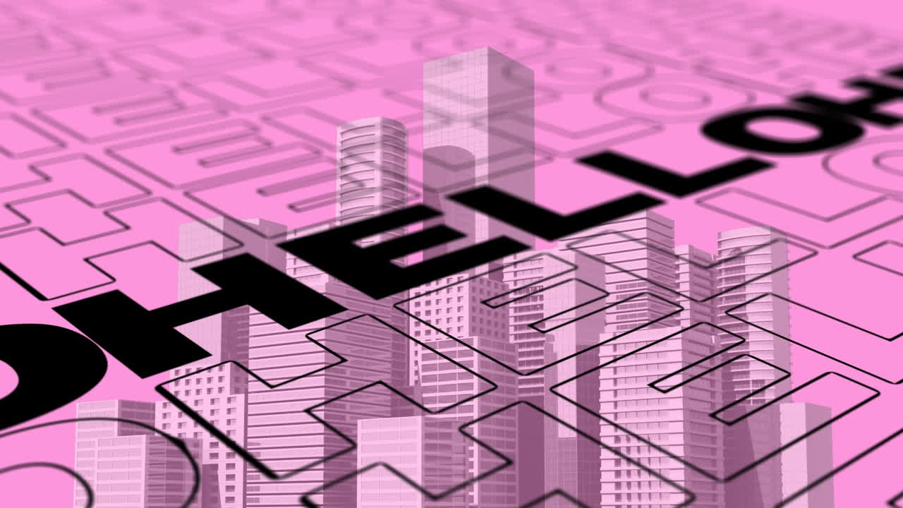 animación del texto de saludo sobre el paisaje urbano.