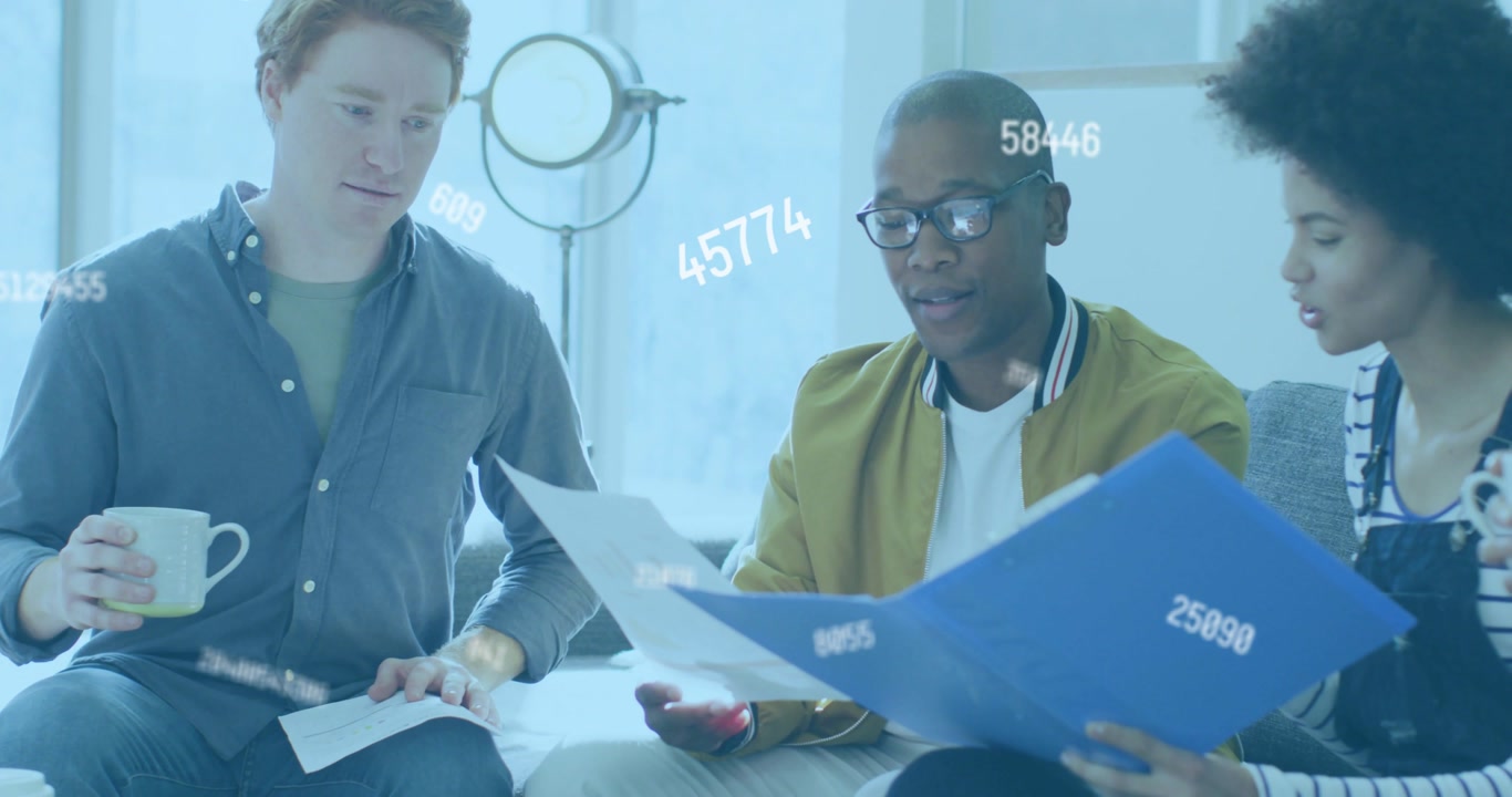 Center lead reading docs causing floating numbers while team flipping blue folder for business prep