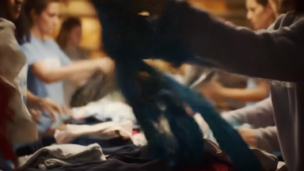 Young volunteers diligently sort through clothing donations at a bustling community organization, embodying the spirit of giving and teamwork to support those in need.