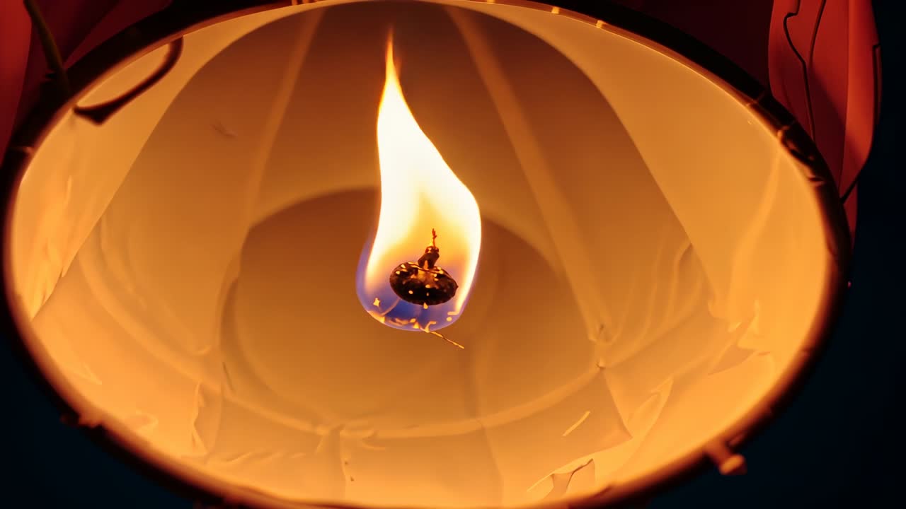 Fuel cell igniting lantern flame, rising, filling inside at night, lighting metal ring and drops