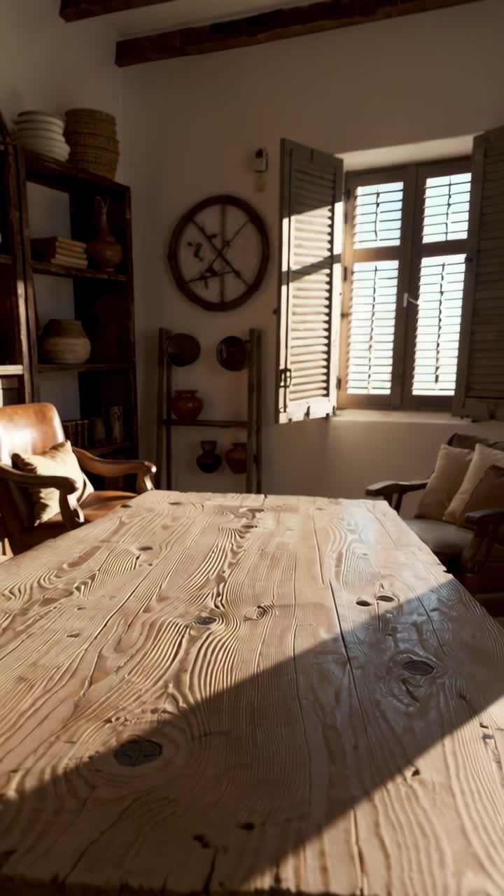 Rustic Dining Room with Wooden Table and Sunlight