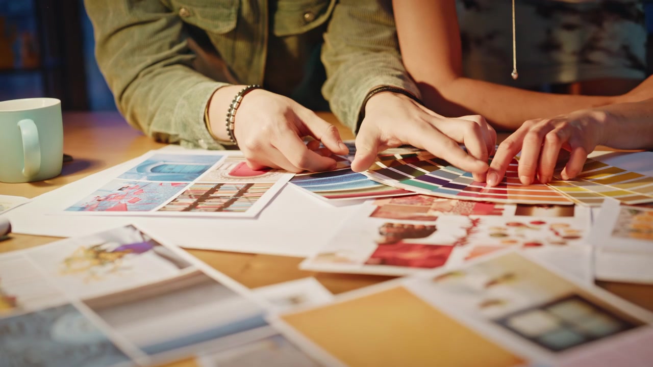 Designer che esaminano campioni di colore su una mood board. Coppia creativa fa brainstorming in studio