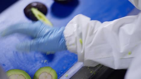 fotografía en cámara lenta de un aguacate en una planta de procesamiento de aguacate