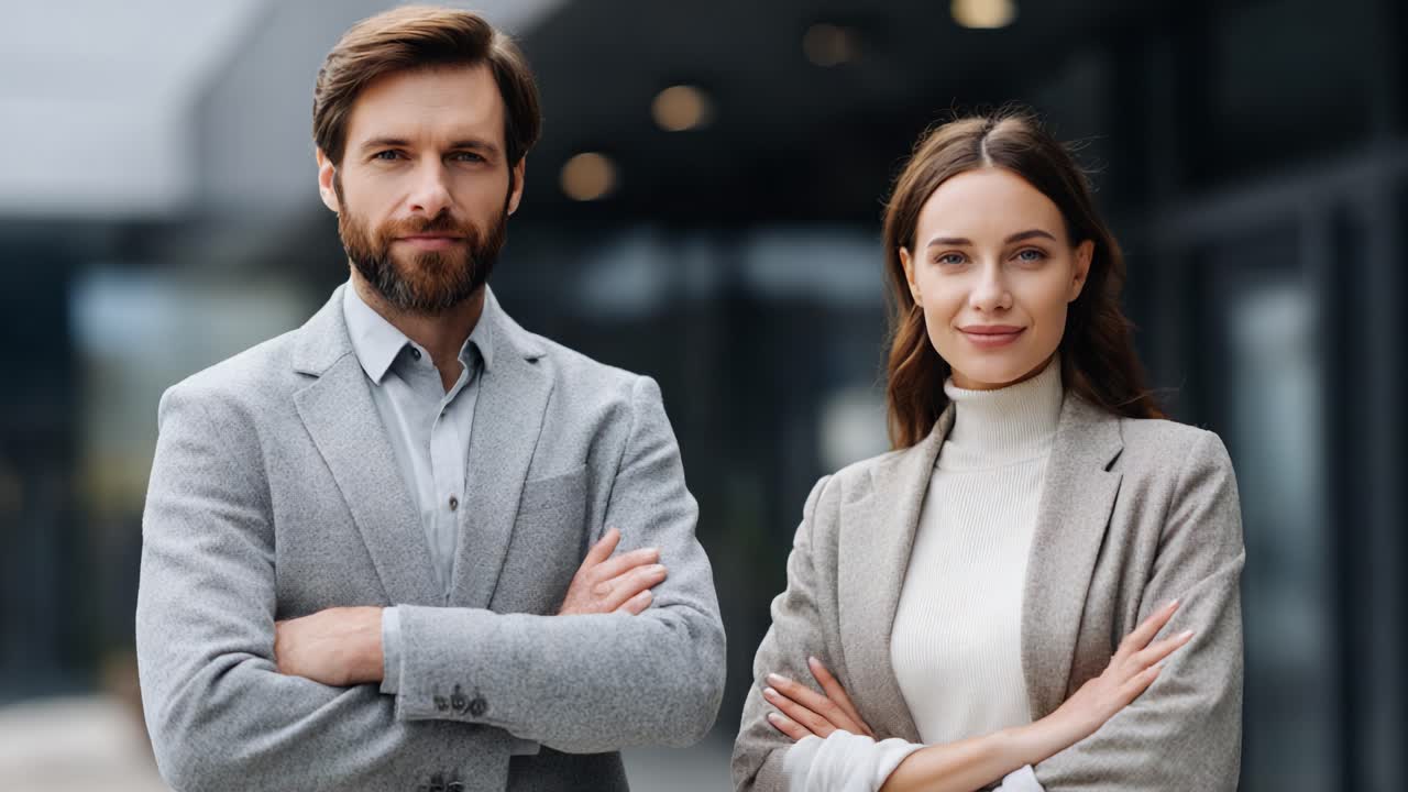 Professionally Attired Duo Posing Confidently with Arms Crossed in a Modern Urban Setting, Radiating Authority and Team Spirit in Their Stylish Gray Outfits