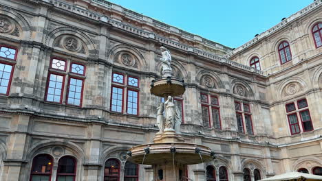 vienna, austria - june 9, 2025: close look at the beautiful fountain in front of vienna state opera. low angle view at the architectural masterpiece of austria